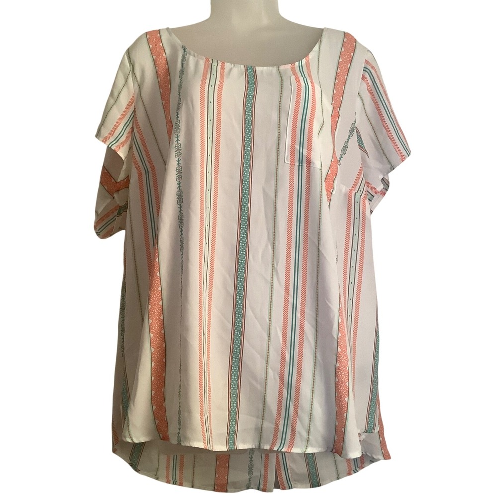 Torrid Womens Size 3 Coral Teal Striped Button Back Short Sleeve Blouse Top - Picture 2 of 16